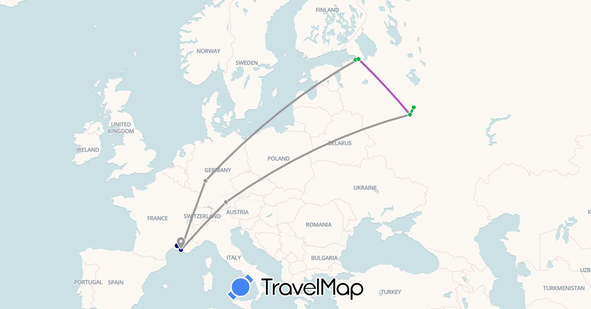 TravelMap itinerary: driving, bus, plane, train in Germany, France, Russia (Europe)